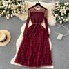 Winter  Autumn Elegant Women Lace Mesh Hollow Out Patchwork Dress Casual Lady Ruffled A-line Dress Party Cake Dress