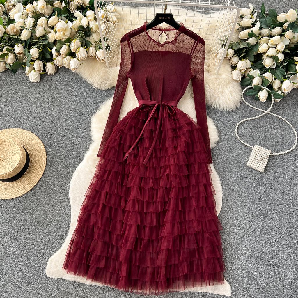 Inverno Outono Elegante Mulheres Renda Malha Oco Patchwork Vestido Casual Senhora Babados A-line Vestido Festa Bolo Vestido