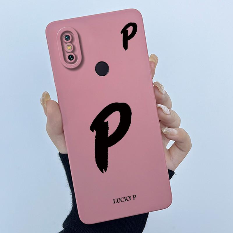Lucky Initial Letter Phone Case For Xiaomi Mi A2 (Mi 6X) Casing Full Protect Camera Lens Shockproof TPU Soft Matte Cover Bumper