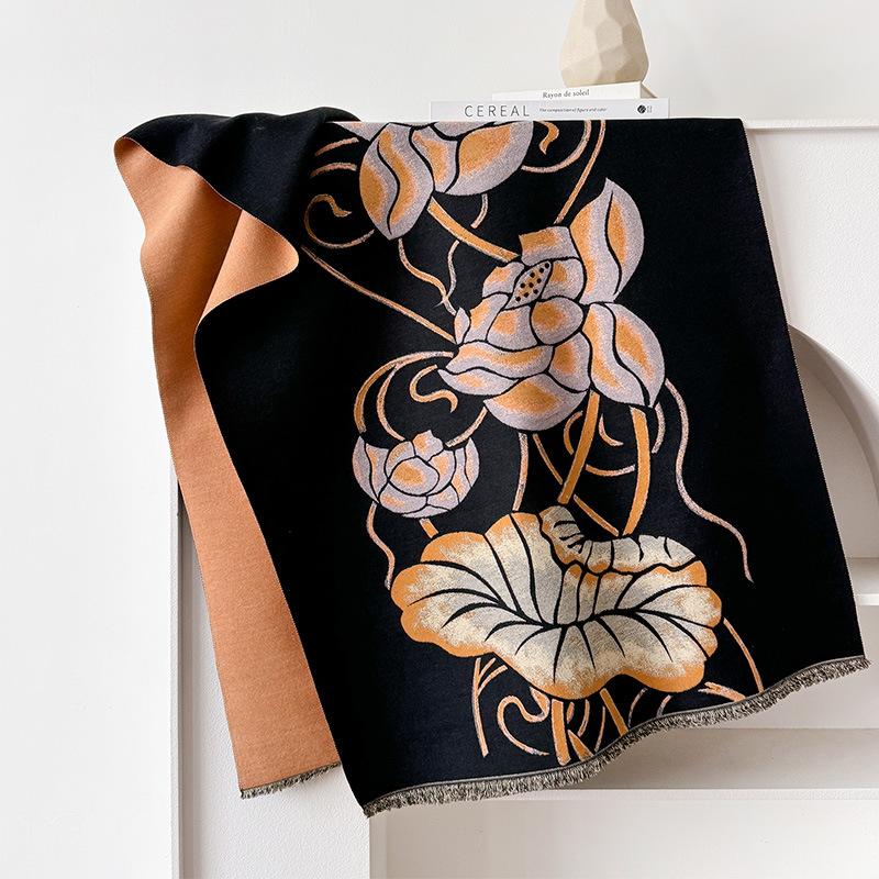 Cachecol de caxemira de imitação lótus cor contrastante dupla face cachecol de caxemira de imitação inverno sensação avançada quente