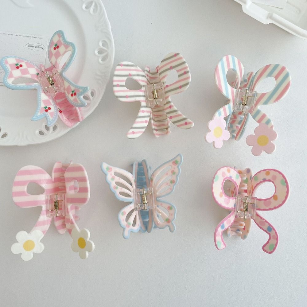 

2pcs Ballet Style Bowknot Hair Claw Stripe Shark Clip Creative Butterfly Hair Clip Beach Style C