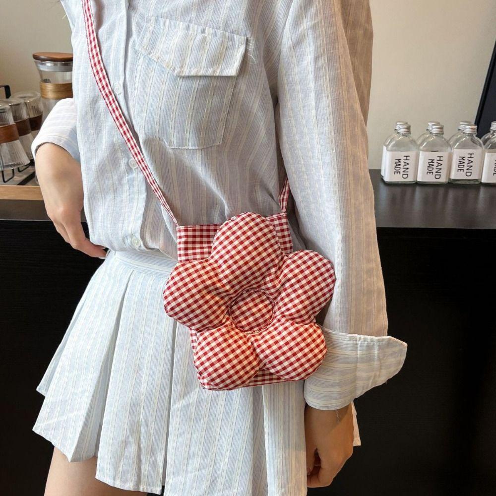 Cloth Plaid Flower Crossbody Bag Cute Ins Messenger Bag Casual Large Capacity Shoulder Bag Outdoor