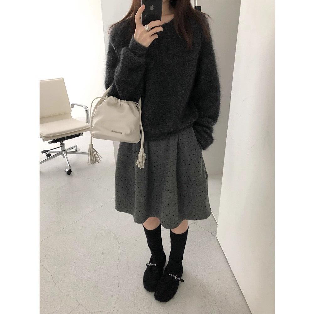 Petite Retro Polka Dot Wool Midi Skirt - Women s Winter Sweet Black 2025 S