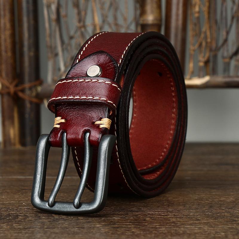 Belt Men's Retro Trendy All-Match Italian First Layer Cowhide Double Pin Buckle Genuine Leather Jeans Belt