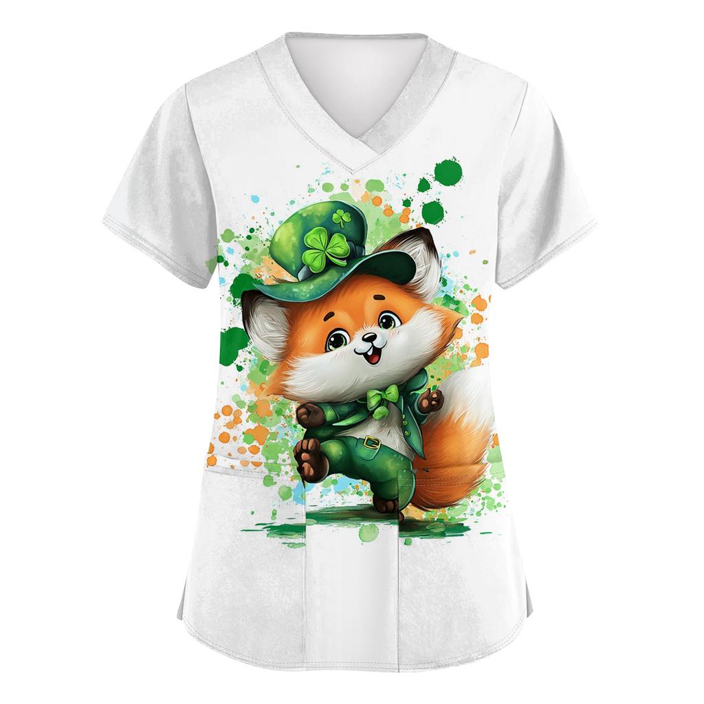 Women's V-neck St. Patrick's Day Printed Short-sleeved Pocket Side-slit Protective Suit Top
