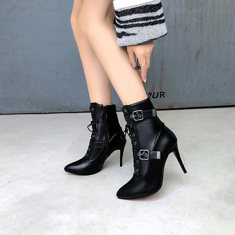 Autumn Winter 2025 Mid-Calf Boots Women Pointed Toe Super High and Thin Heel Shoes Buckle Cross-Tied Decorate Size 3~19 Footwear