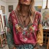 Women Tops V-Neck Long Sleeve Embroidery Flower Printing Tee Shirt Bohemia Ethnic Style