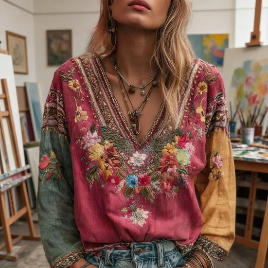Women Tops V-Neck Long Sleeve Embroidery Flower Printing Tee Shirt Bohemia Ethnic Style