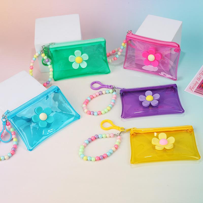 Portable Flower Bead Chain Coin Purse Pvc Zipper Small Wallet Colorful Transparent Storage Bag