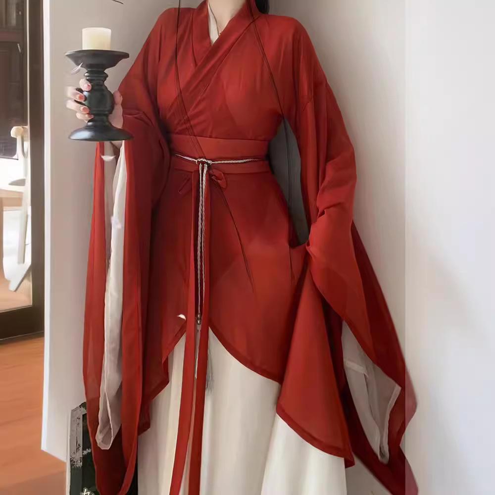 New Style Hanfu Female Wei Jin Style Big Sleeve Hand-in Collar Hanfu Suit Shaped Dress Shattered Dress Festival Play Dress