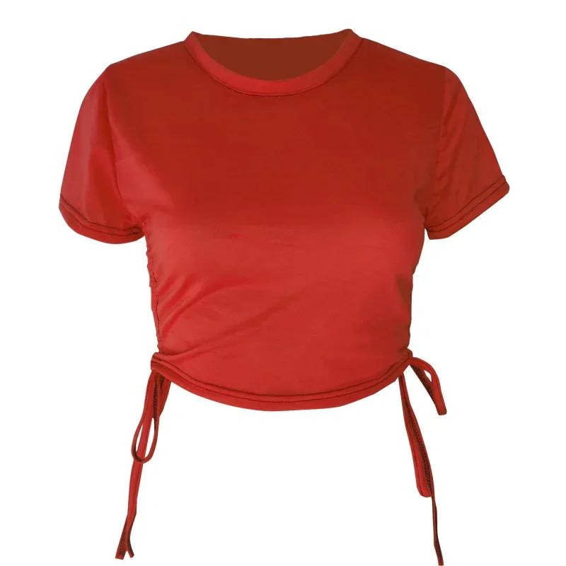 Sexy Drawstring Tie Bare Midriff Slim Tank Top Women Short Sleeves Bottoming Crop Tops Camisetas Mujer