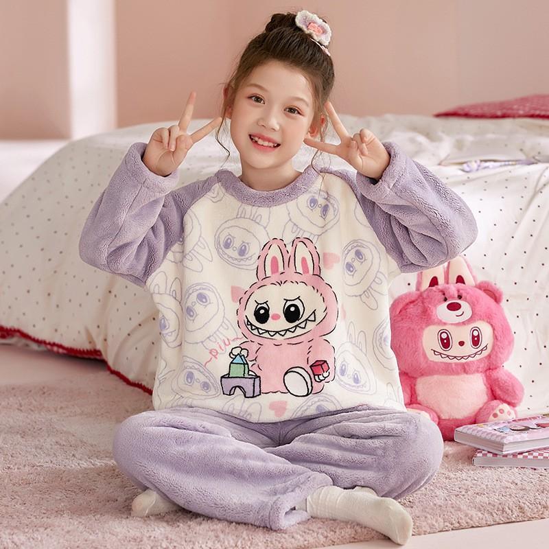 Girls Flannel Pajama Set Cartoon Warm Homewear Kids Winter