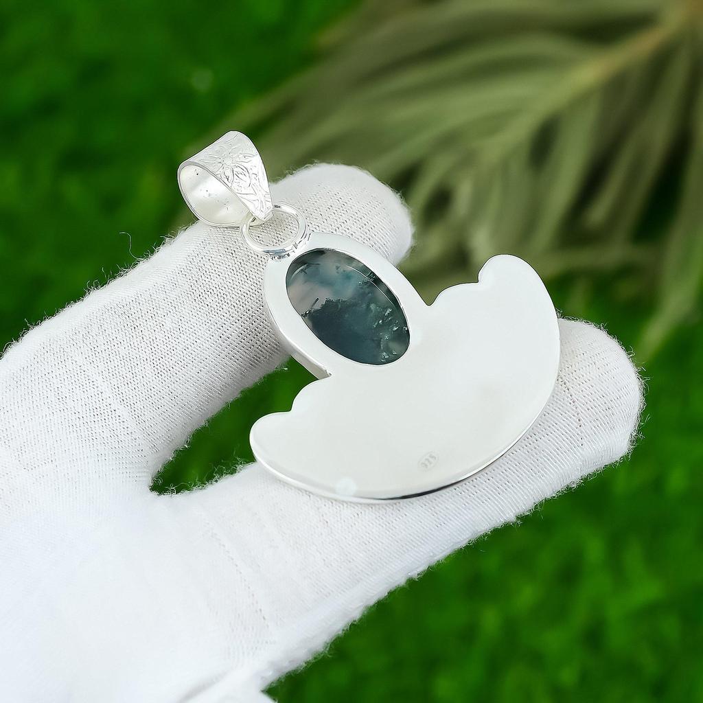 Mothers day Sale Sterling Silver Natural Solar Moss Agate Unique Pendant Jewelry