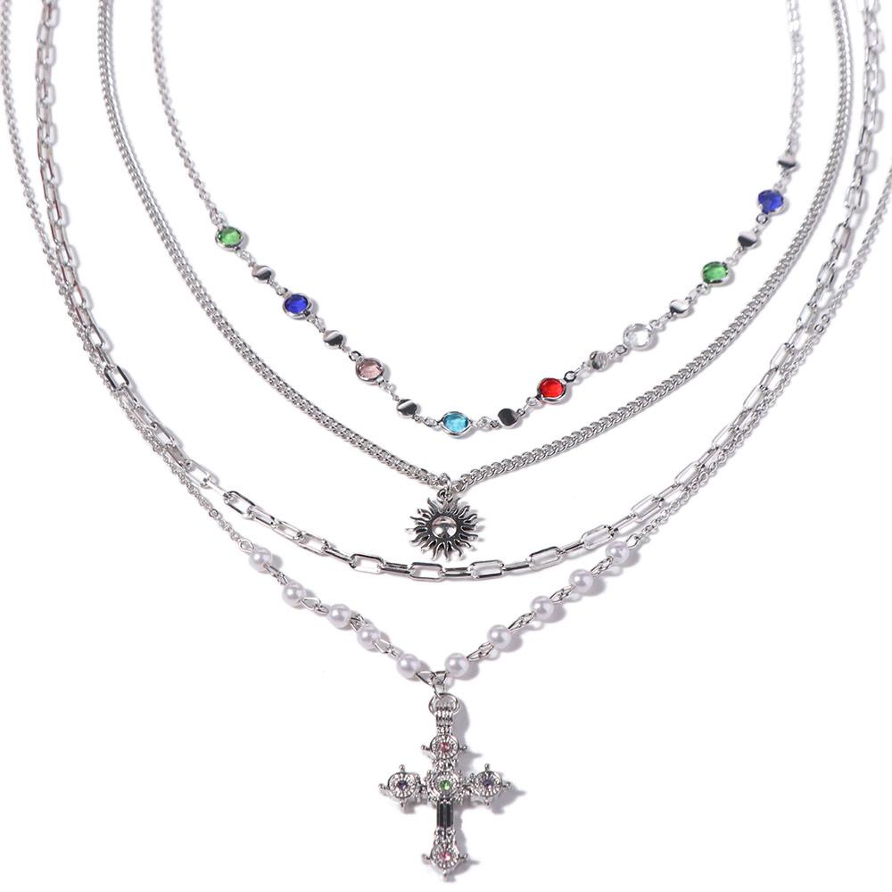 Silver Cross Pendant Necklace Ethnic Style Rhinestone Necklace Creative Love Pearl Necklace  Male