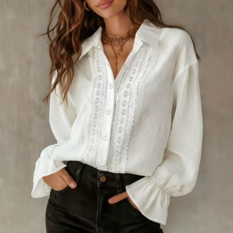 Women S Solid Color Lapel Single Breasted Lace Long Sleeve Shirt