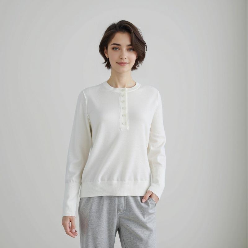 0 wool half placket round neck pullover knitted sweater top women's autumn simple age-reducing sweater
