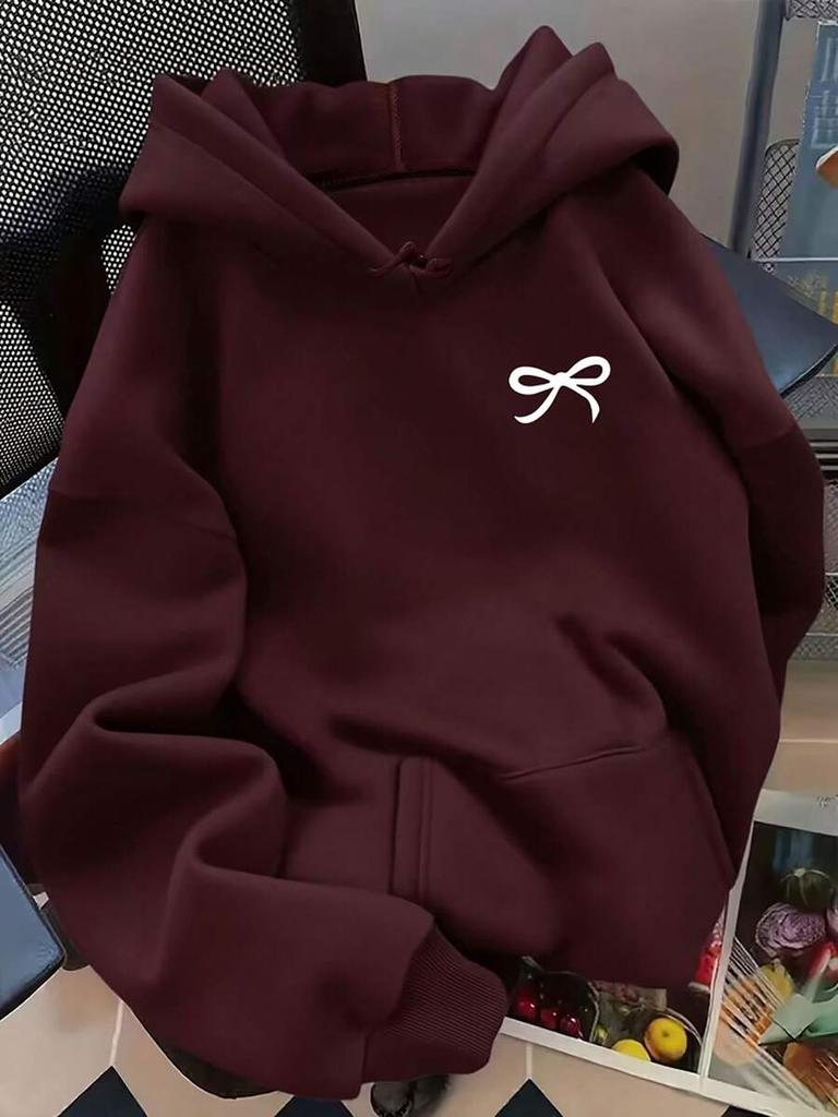 Navy Blue Hoodie Bow Print Loose Casual Sweatshirt Long Sleeve Pullover Hooded Tops For Autumn Winter Streetwear