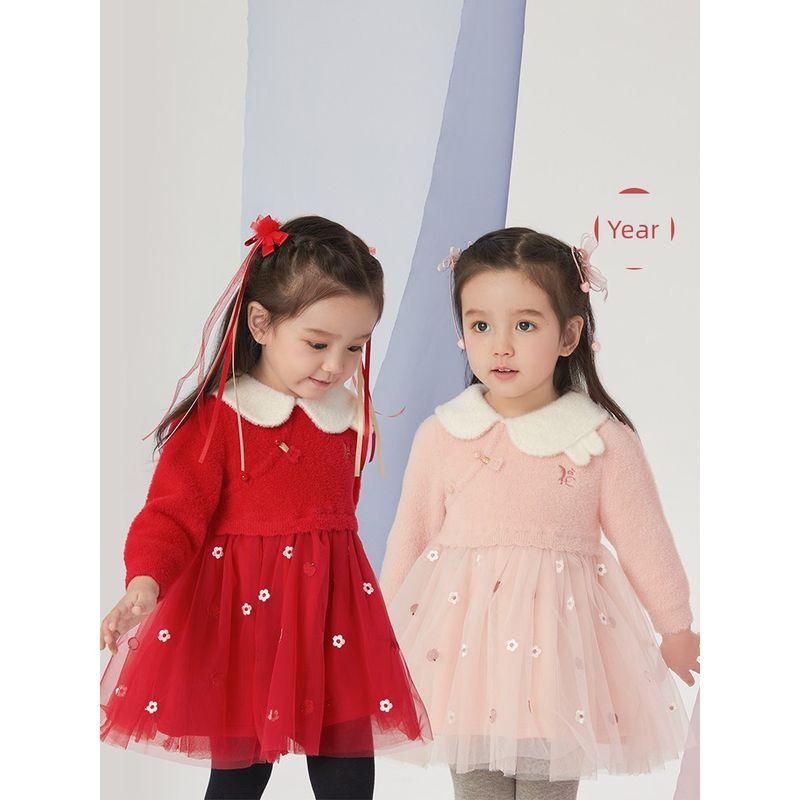 David Bella Girls' Sweater Dress Spring Outfit with Fleece Knit Dress Children's National Style New Year Dress Children's Clothing