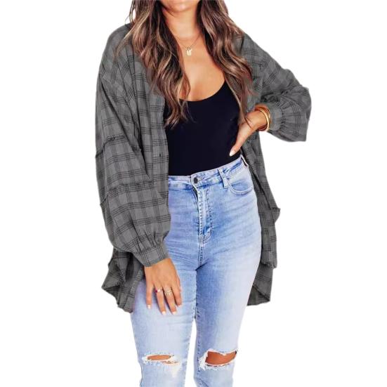 Chemise Femme Revers Manches Longues Poches à Rabat Hauts de Chemise Boutonnage Simple Bord Frangé Effet Vieilli Coupe Oversize Veste Chemise