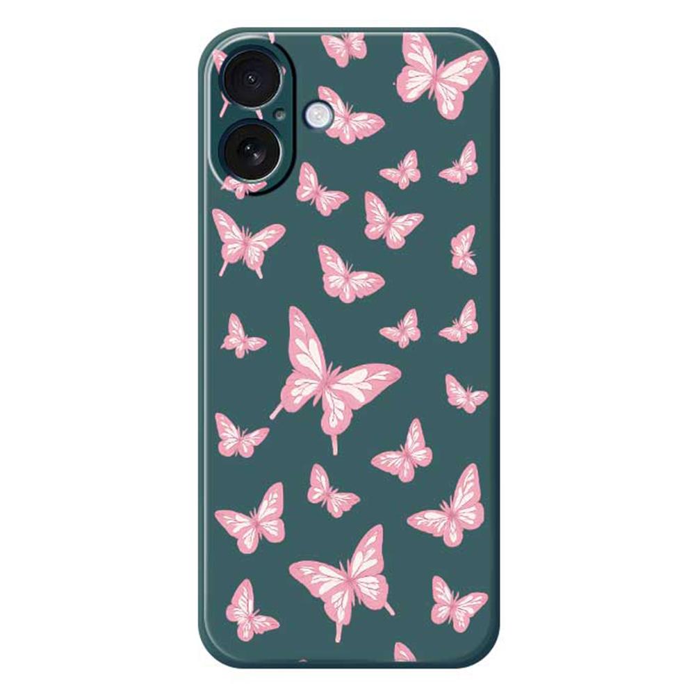 

For iPhone 17 Case Pink Butterflies Pattern Printing Straight Edge TPU Phone Back Cover Green