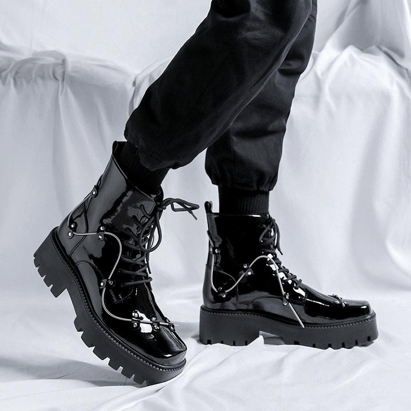 Niche British Style Platform Derby Shoes Square Head Bright Leather Men's Business Casual Retro Boots