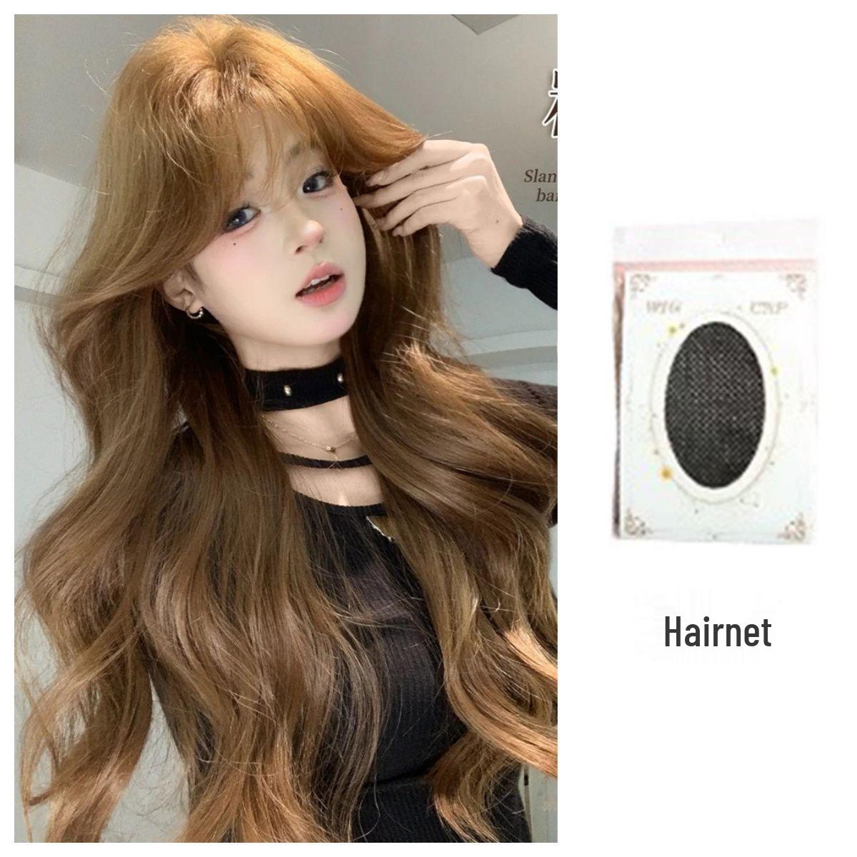 

Heart Fluttering Korean Style Women s Wig: Warm Caramel Brown with Big Waves and Bangs