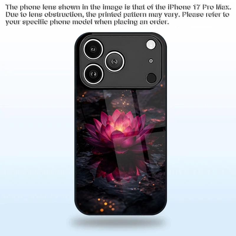 2D Night Lotus Pattern Phone Case for iPhone 17 16 15 14 13 12 11 X XR XS Max Pro 8 plus - Transparent Glass Protective Cover