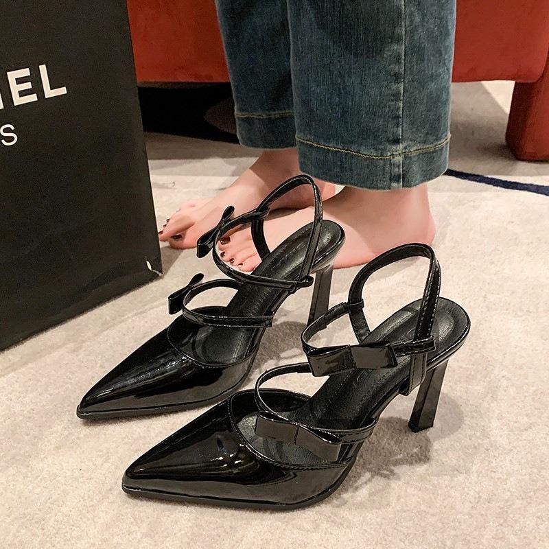 Chunxin Black High Heels Women's Leather Pointed Head Bag Head Thin Heel Bow Strap White Sandals