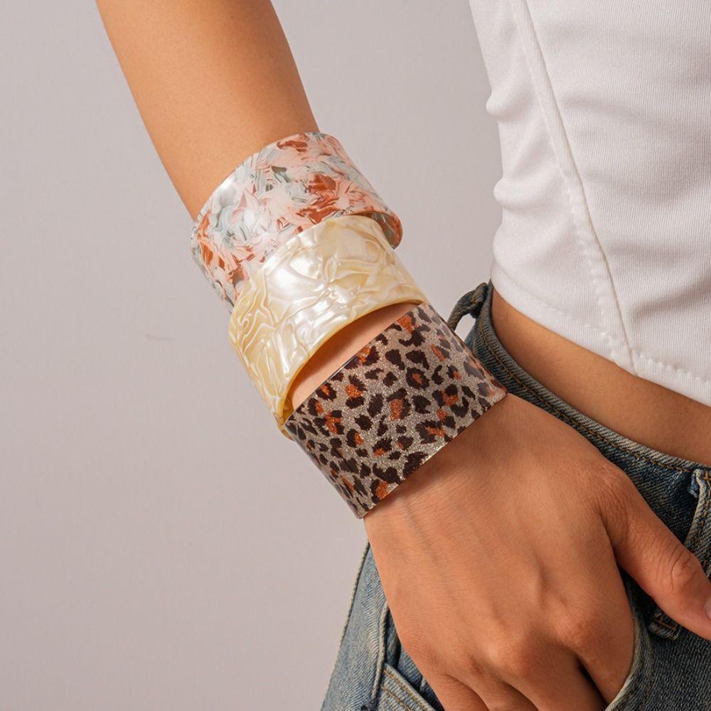 Bohemian Striped Acrylic Bangle Geometric Smudged Hand Ring Unique Open Wide Bracelet  Girls