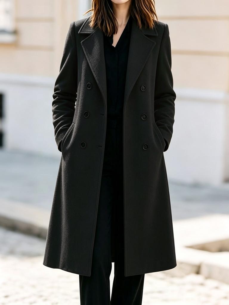 Amazon European and American women's clothing autumn and winter fashionable and simple double-breasted long-sleeved solid-color woolen jacket