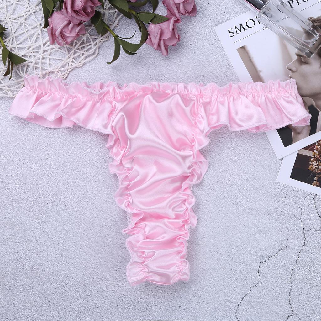 Mens Lingerie Soft Shiny Briefs Thong Panties Ruffled Frilly Sissy Bikini Briefs Thong Underwear Underpants