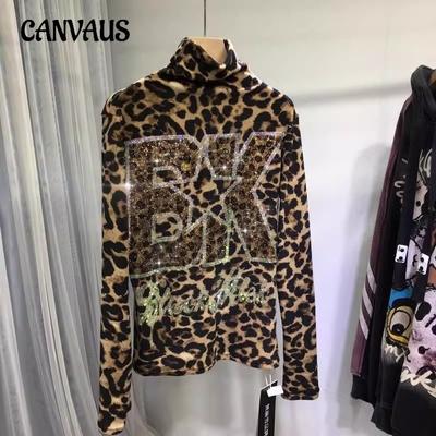 Dámske tričko plus size s horúcimi kamienkami, základné tričko s vysokým krkom a hrubým jesenným dlhým rukávom, leopardia potlač, zoštíhľujúci top