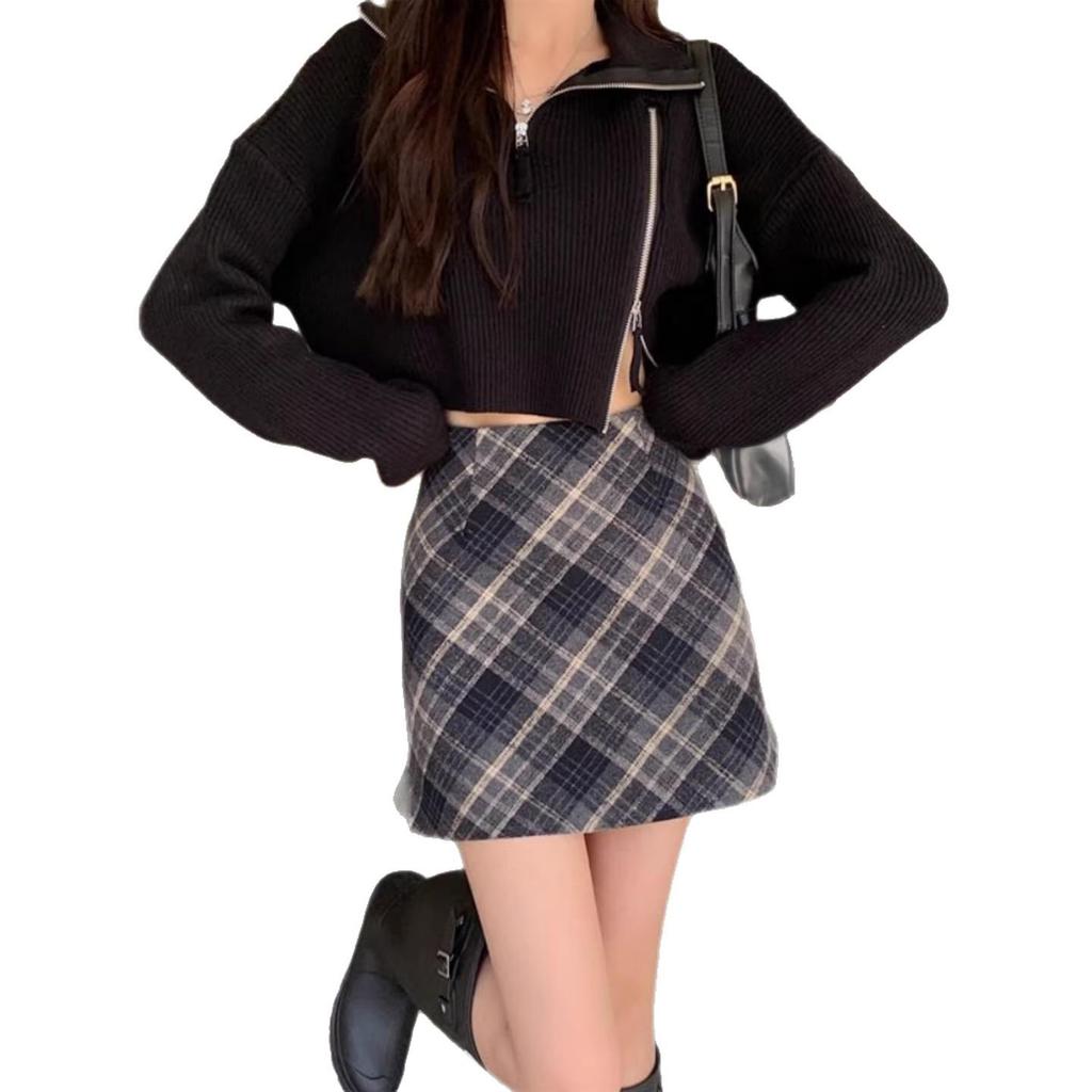 Women's High Waist Woolen Plaid Mini Skirt - Slim Fit Autumn/Winter 2026