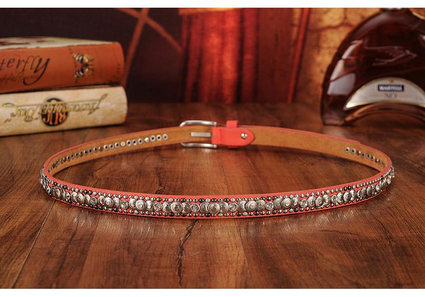 Ethnic Style Retro Rivet Leather Belt with Rhinestone Inlays for Women