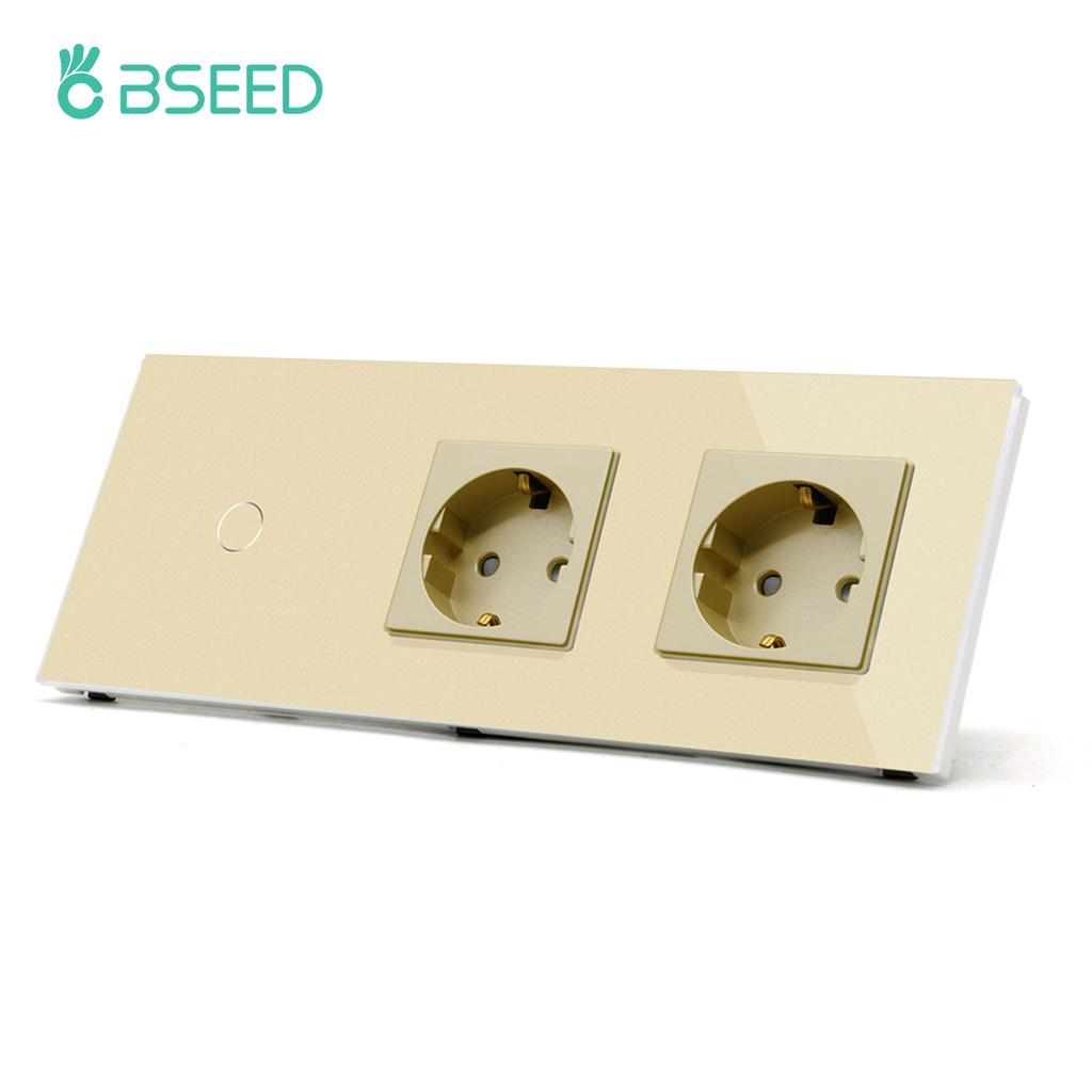 BSEED Touch Sensor Switch 1/2/3Gang 1Way Wall Light Switches Crystal Glass Switch With Double Power Sockets EU Standard