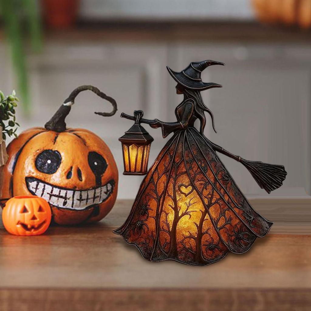 Halloweenská čarodějnická lampa, Gotická strašidelná čarodějnická dekorace s lucernou, Unikátní stolní lampa, Dekorační figurka, Stojící noční světlo pro domácí párty dekoraci