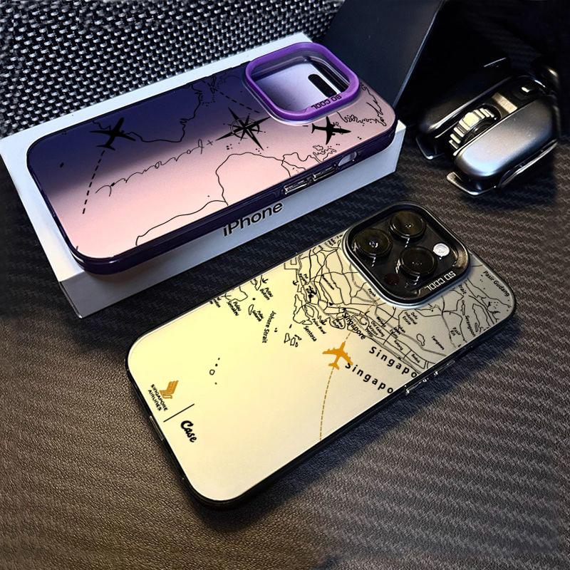 Travel-Inspired Airplane Route Design Electroplate Silver Phone Case For iPhone 16 15 14 13 12 11 Pro Max 7 8 Plus XS XR X Cover