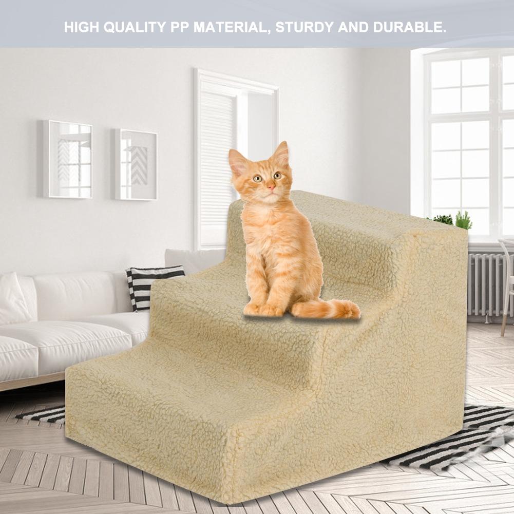 3 Steps Pet Dog Cat Stairs Ramp Ladder with Removable Cover for High Bed(Beige)