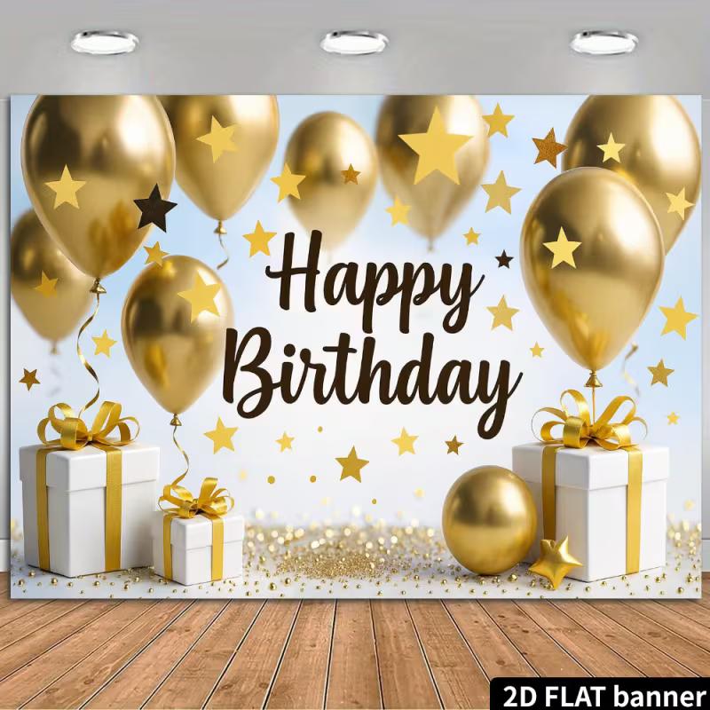 2D White Gold Birthday Backdrop, Gold Balloon & Star Glitter Photo Booth Banner 47.2x31.5inch/120*80cm