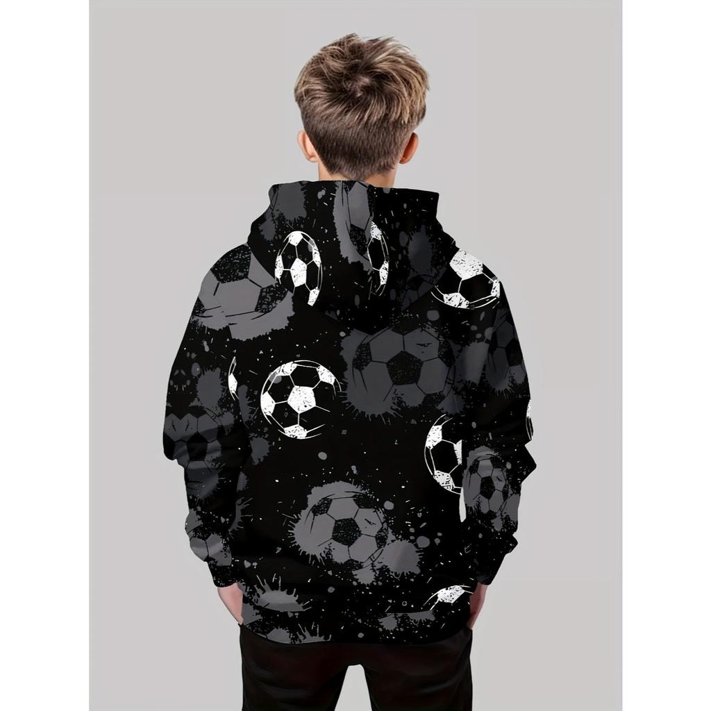 Boys' fashionable 3D printed casual football pullover, autumn and winter long sleeved sports shirt, boys' outdoor hoodie top
