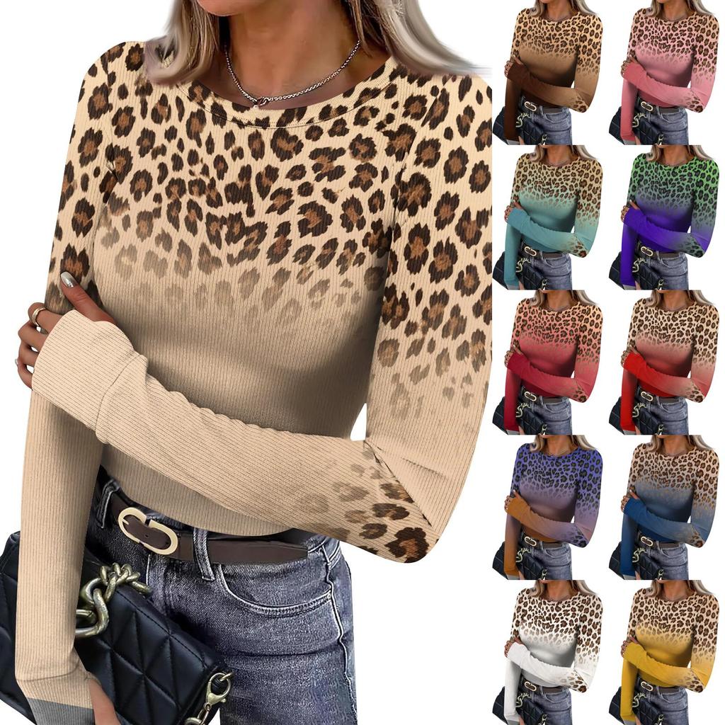 Women's Slim Fit Leopard Print Long Sleeve T-Shirt Neck Pullover Base Layer Top with Thumb Holes