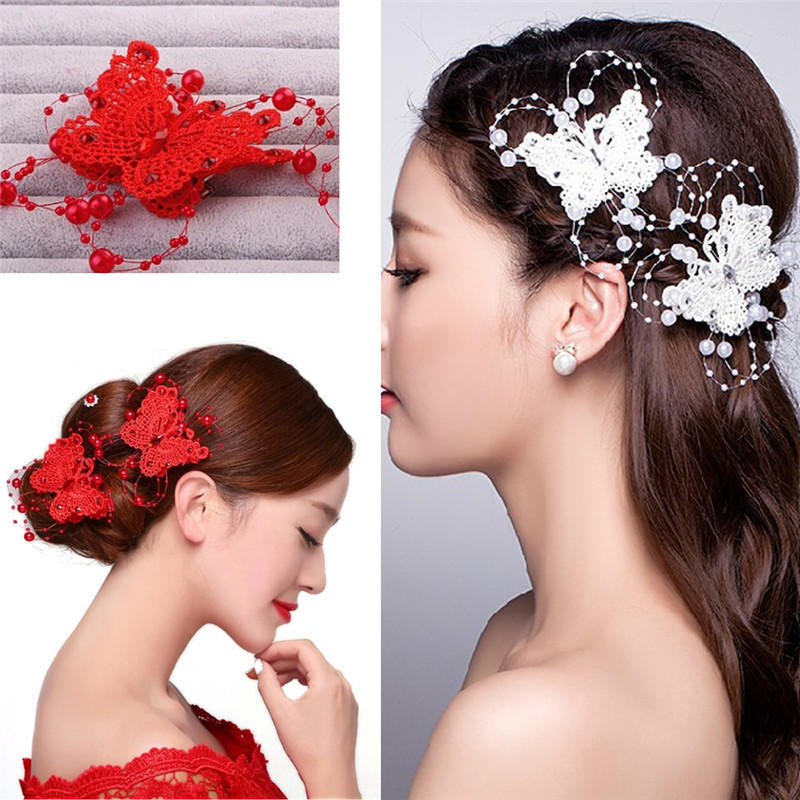 1pc Butterfly Hair Clips Bride Headdress Lace Pearl Handmade Wedding Fashion New 7*7CM белый