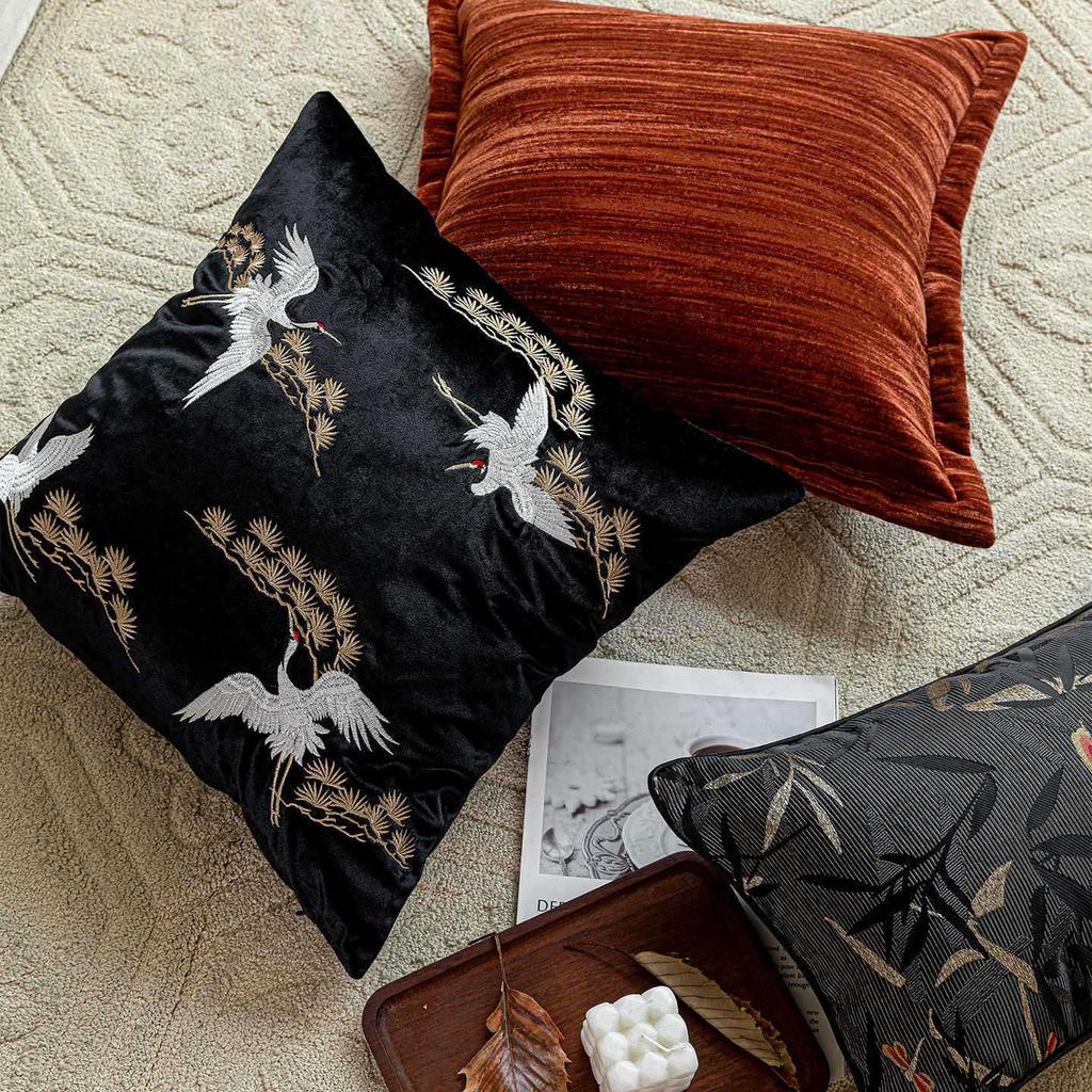 Oriental Pine Crane & Bamboo Embroidered Cushion Set – Chinese Style Sofa Décor