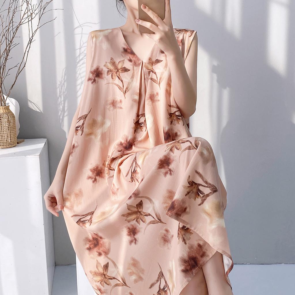 Retro style floral nightdress with chest pad women's summer thin anti-bumping loose large size can be worn outside loungewear skirt