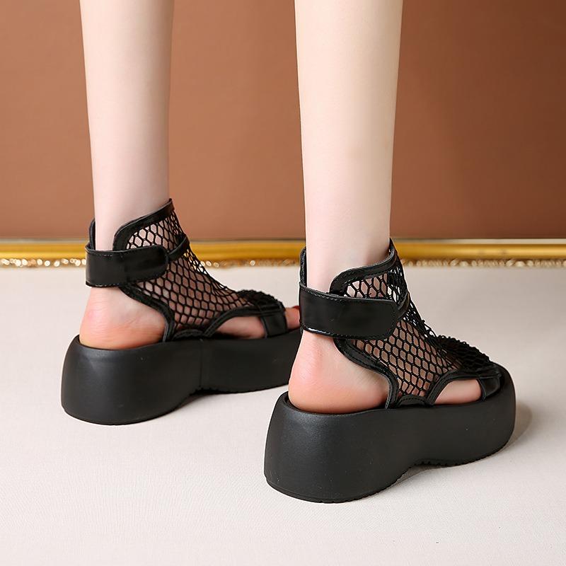 Niche Woven Hollow Fishing Mesh Shoes Thick-soled Muffin High-top Sandals Small Cold Boots Women's Shoes