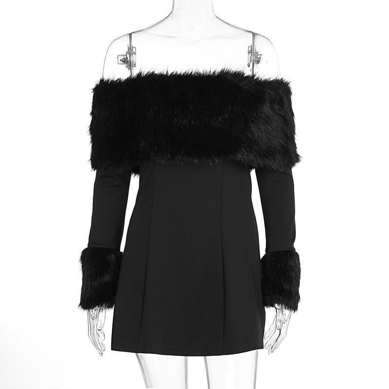 

European and American Style Women s Clothing Autumn and Winter New Fashion Elegant One-Shoulder Slim Evening Dress Long-Sleeved Fur Collar Dress Black Short S