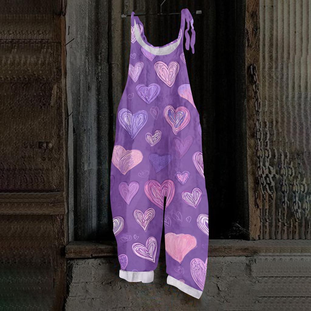 Women's Heart,shaped Printed Casual Loose Retro Overalls Cotton and Linen One,piece Pants