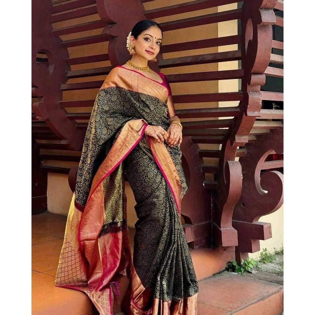 New Launch – Elegant Soft Lichi Silk Saree with Rich Jacquard Weaving & Contrast Blouse Elegance