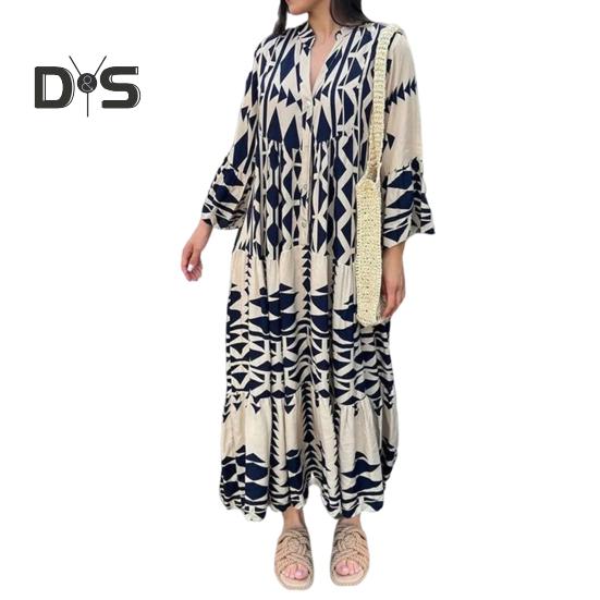 

Платье женское осенне-весеннего покроя с воротником-стойкой, с цветовым сочетанием, с принтом в стиле бохо, однобортное, плиссированное, в стиле пэчворк, А-силуэта, свободное макси-платье 2XL синий