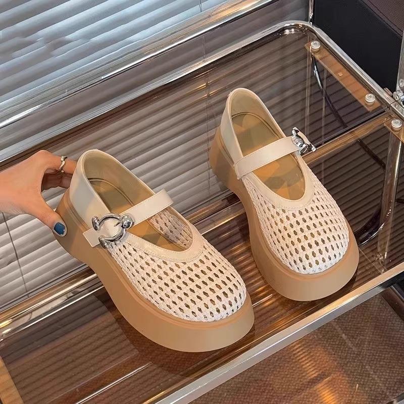 Hollow woven breathable mesh shoes 2025 spring and summer new versatile loafers thick sole heightening shallow mouth Mary Jane single shoes